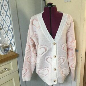 BIBI cardigan pink and white with hearts very soft knit size large hearts are 3D